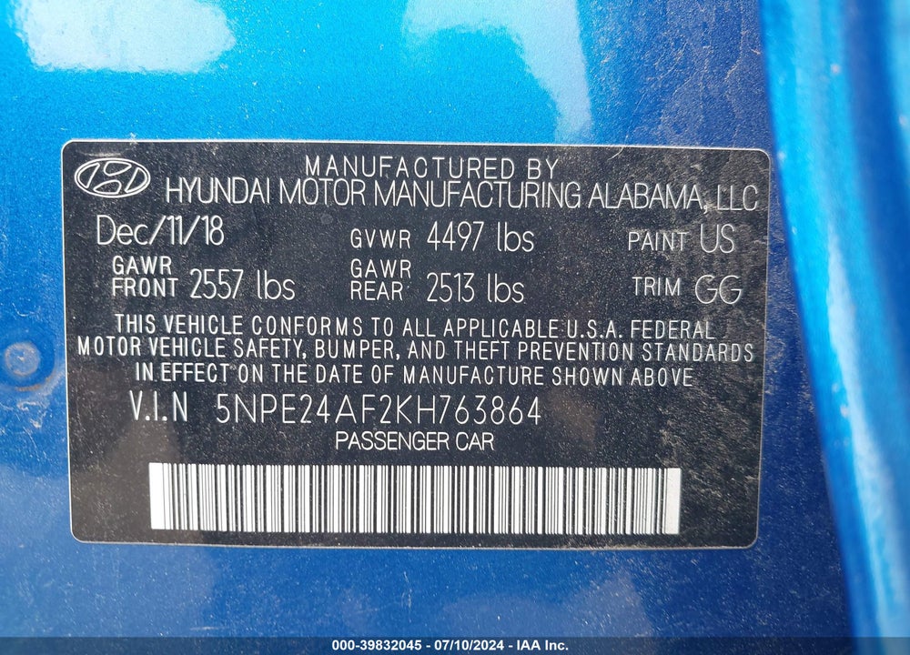 2019 HYUNDAI SONATA SE VIN: 5NPE24AF2KH763864