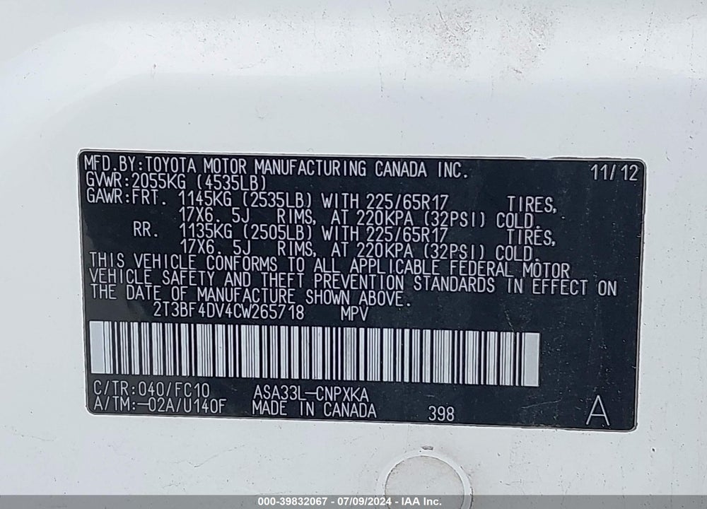 2012 TOYOTA RAV4 VIN: 2T3BF4DV4CW265718
