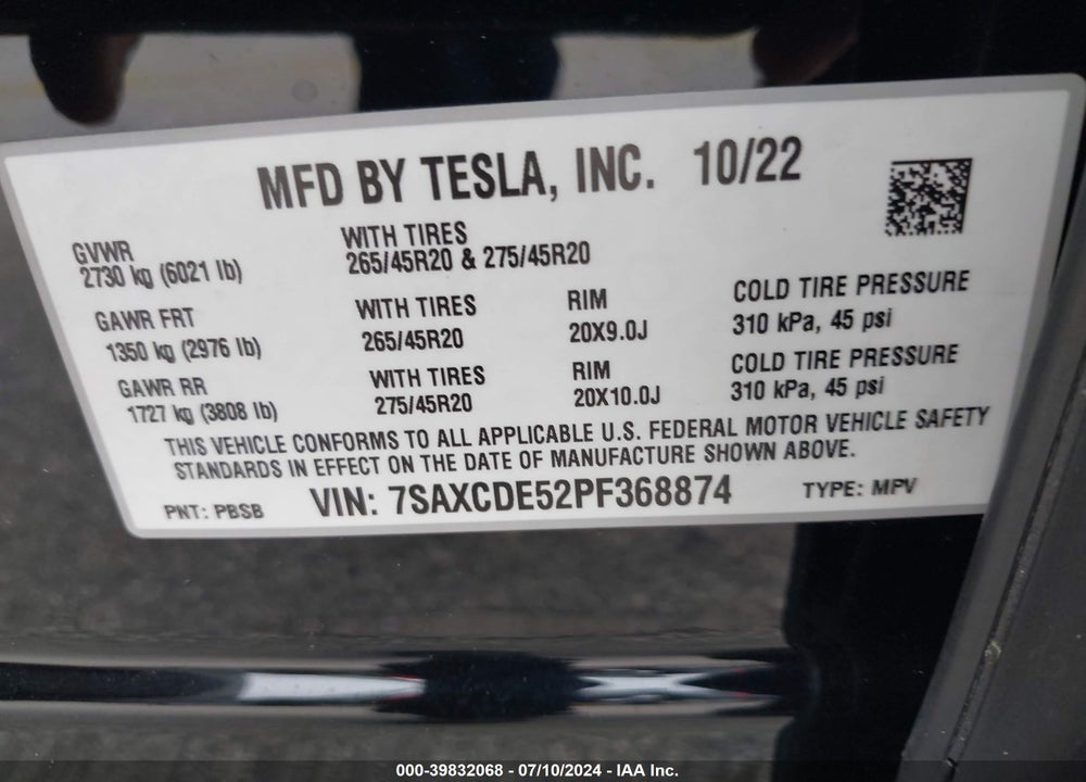 2023 TESLA MODEL X VIN: 7SAXCDE52PF368874