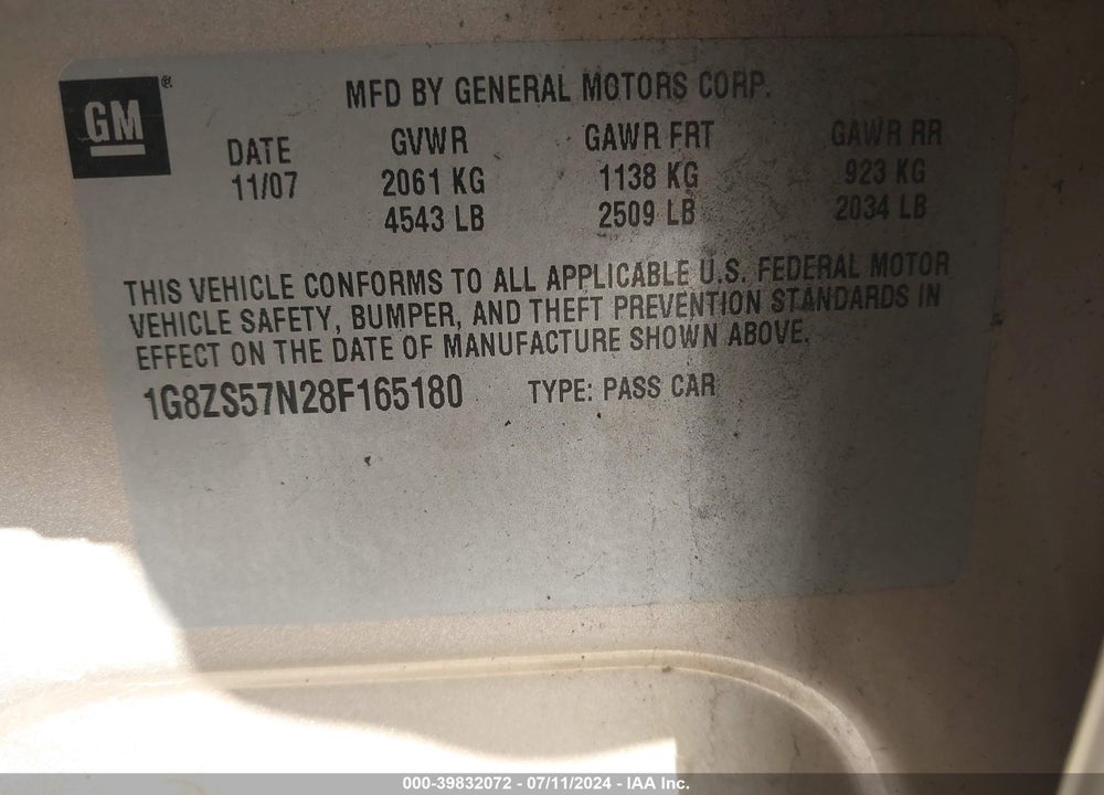2008 SATURN AURA XE VIN: 1G8ZS57N28F165180