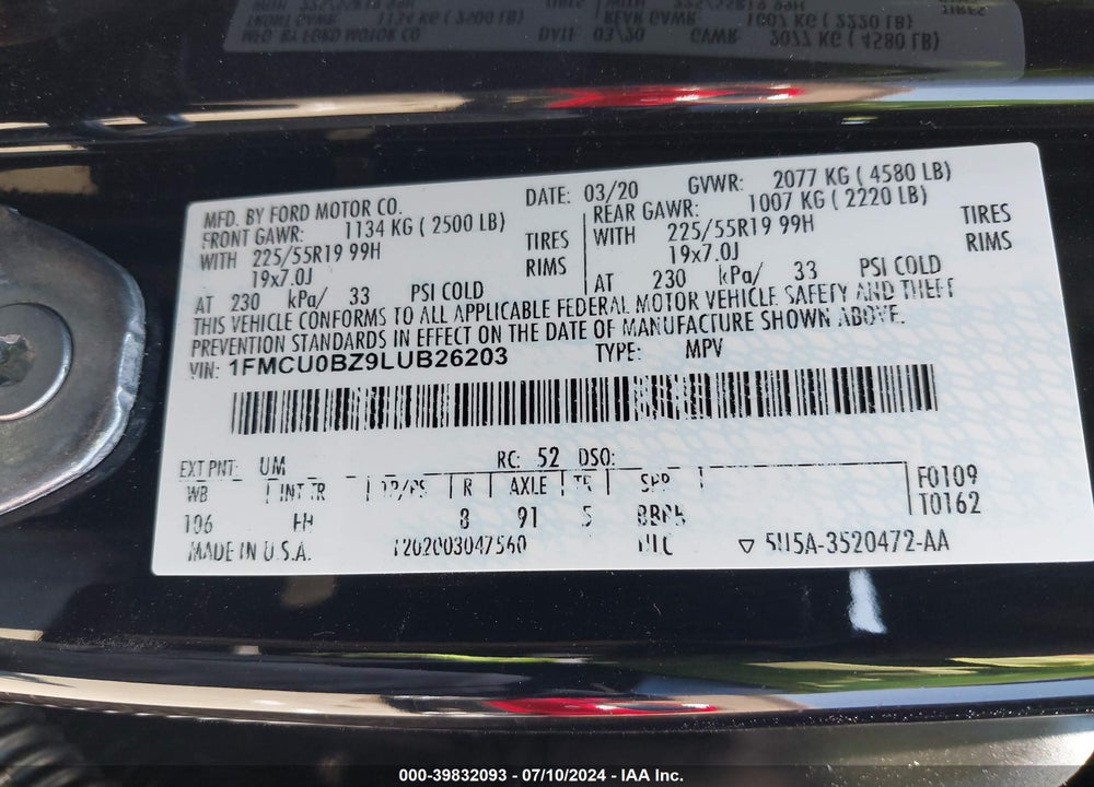 2020 FORD ESCAPE SE SPORT HYBRID VIN: 1FMCU0BZ9LUB26203