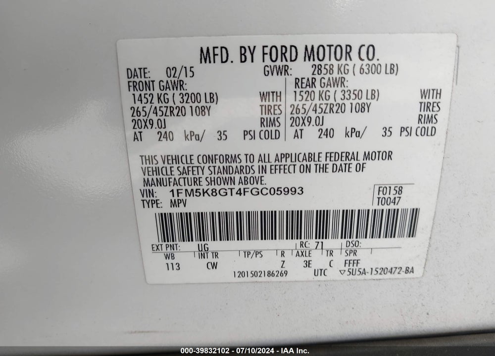 2015 EXPLORER FORD  SPORT VIN: 1FM5K8GT4FGC05993