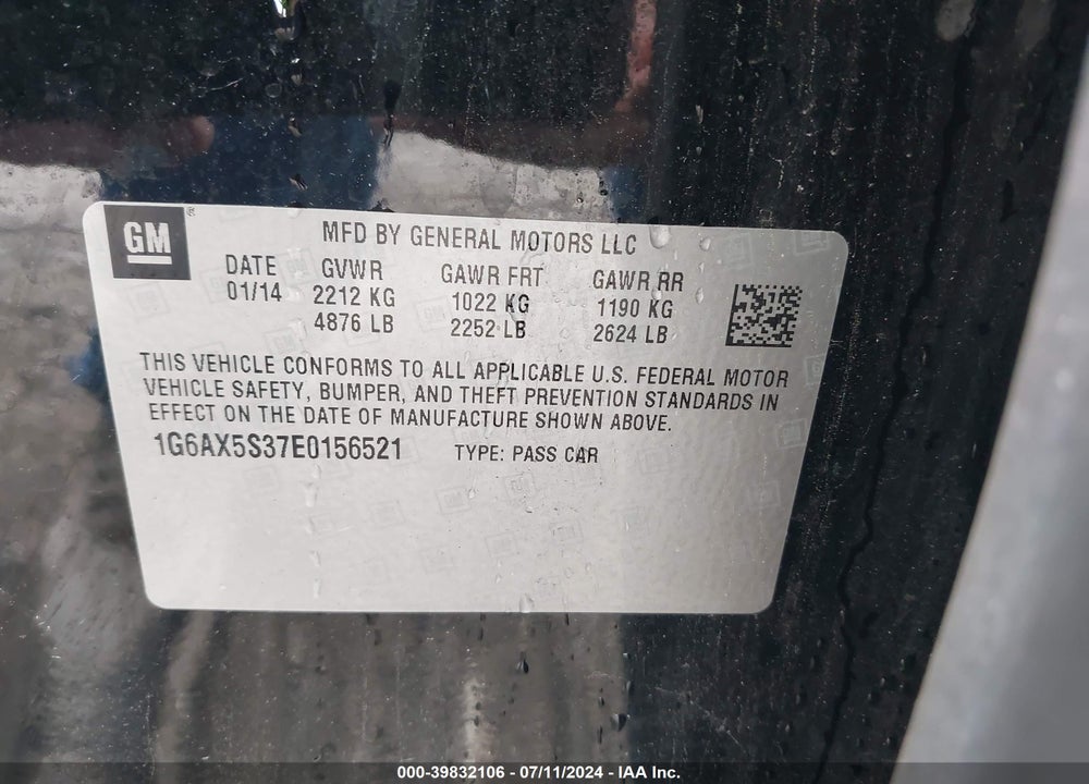 2014 CADILLAC CTS LUXURY VIN: 1G6AX5S37E0156521