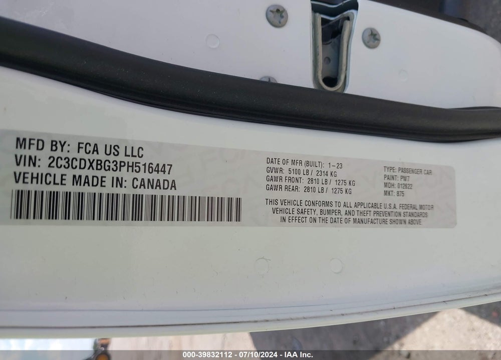 2023 DODGE CHARGER SXT VIN: 2C3CDXBG3PH516447