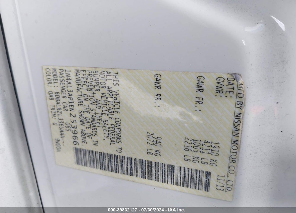 2014 NISSAN ALTIMA VIN: 1N4AL3AP1EN253966