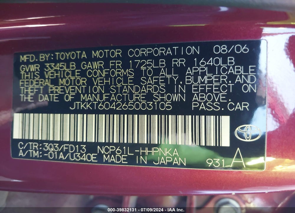 2006 SCION XA VIN: JTKKT604265003105