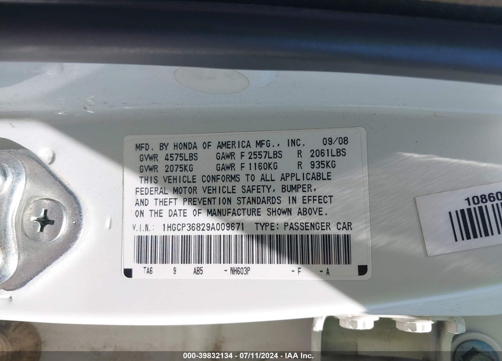 2009 HONDA ACCORD 3.5 EX-L VIN: 1HGCP36829A009671