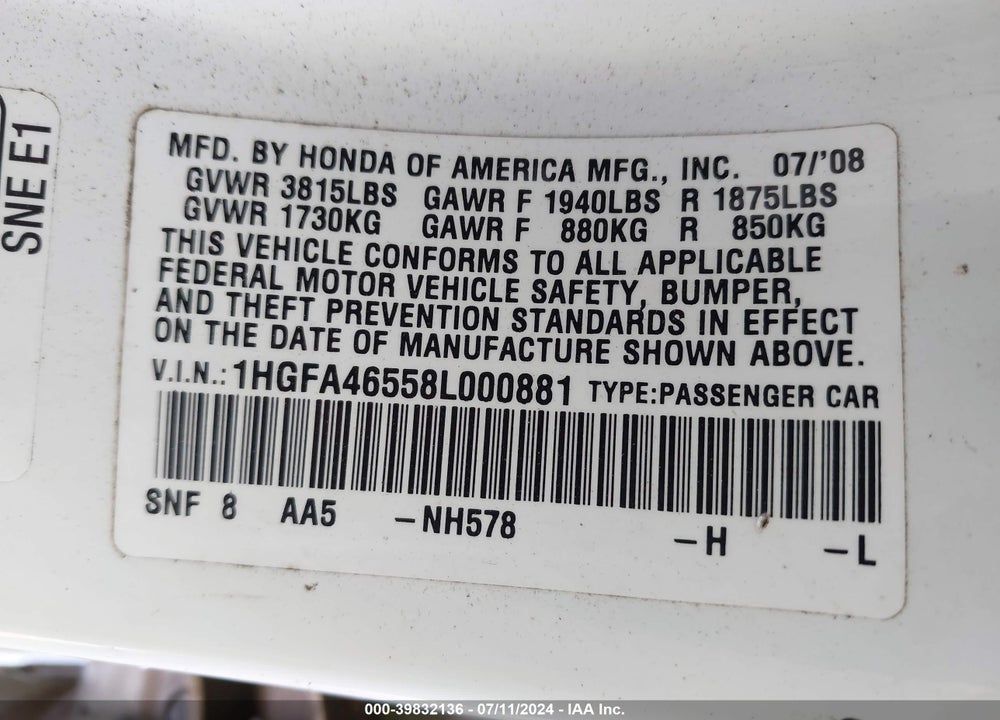 2008 HONDA CIVIC VIN: 1HGFA46558L000881