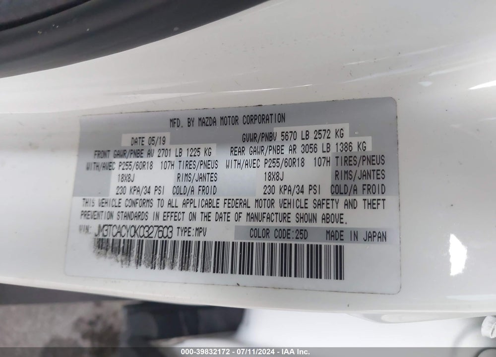 2019 MAZDA CX-9 TOURING VIN: JM3TCACY0K0327603