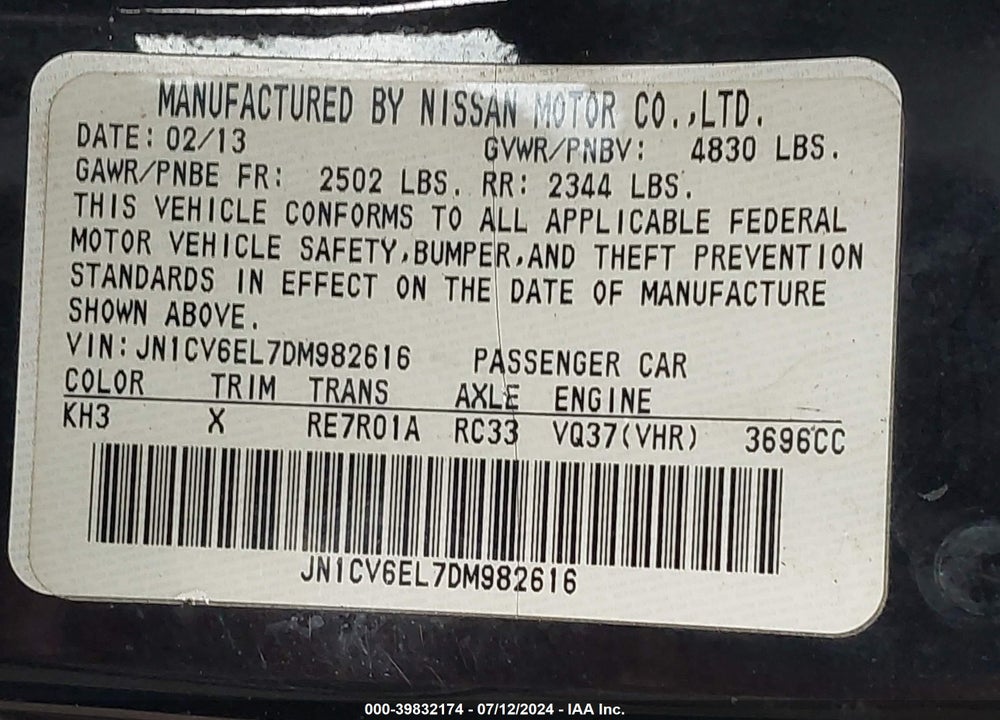 2013 INFINITI G37X VIN: JN1CV6EL7DM982616