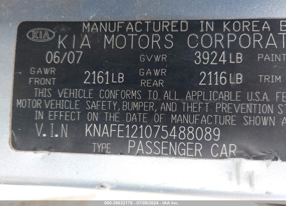 2007 KIA SPECTRA EX VIN: KNAFE121075488089