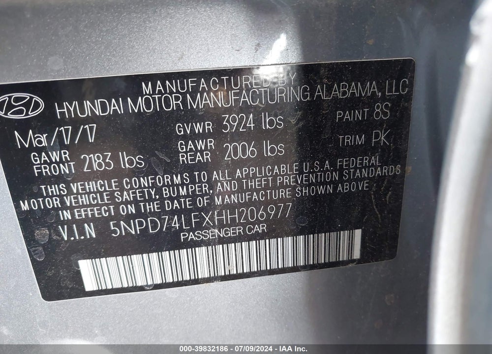 2017 HYUNDAI ELANTRA SE VIN: 5NPD74LFXHH206977