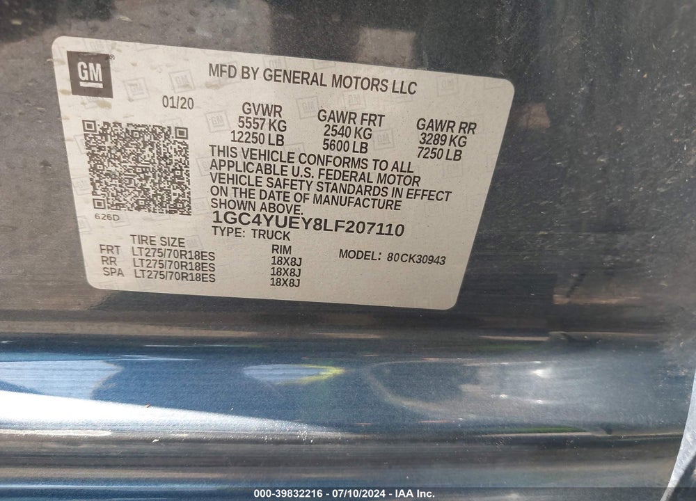 2020 CHEVROLET SILVERADO 3500HD 4WD  LONG BED LTZ VIN: 1GC4YUEY8LF207110