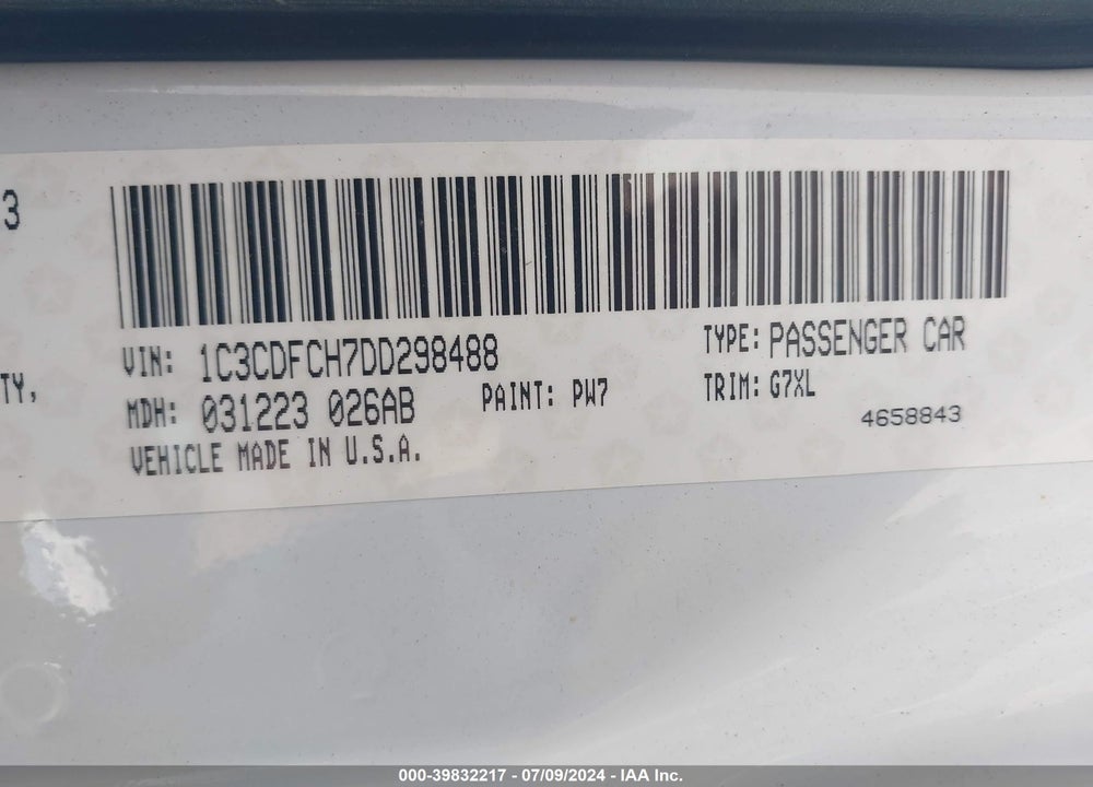2013 DODGE DART LIMITED VIN: 1C3CDFCH7DD298488