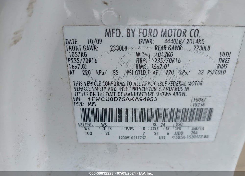 2010 FORD ESCAPE XLT VIN: 1FMCU0D75AKA94953