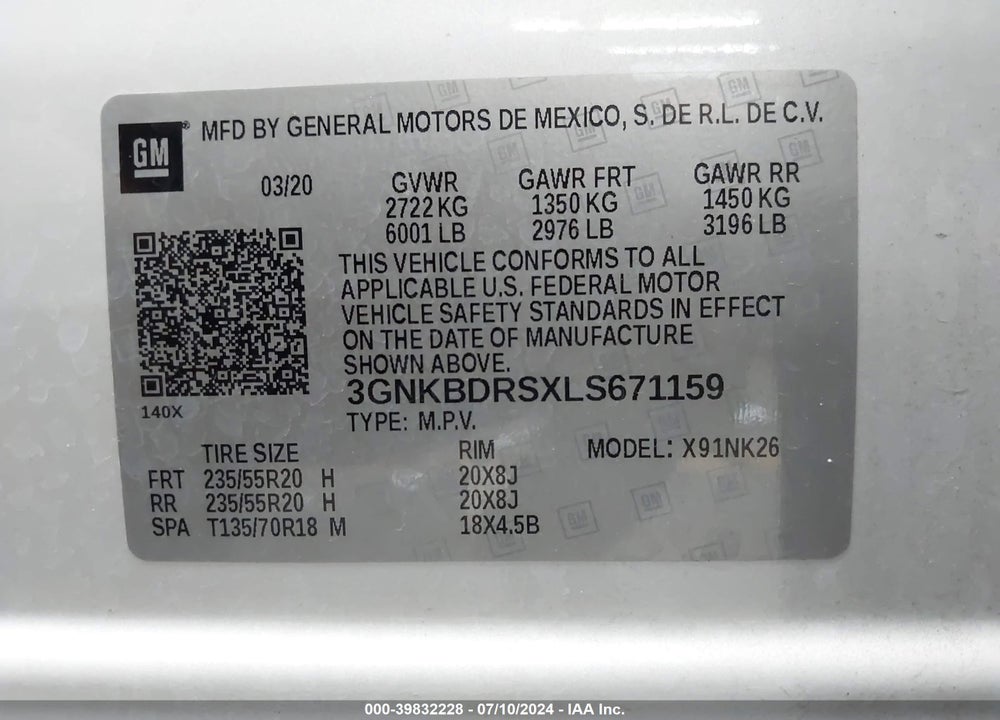 2020 CHEVROLET BLAZER FWD 3LT VIN: 3GNKBDRSXLS671159