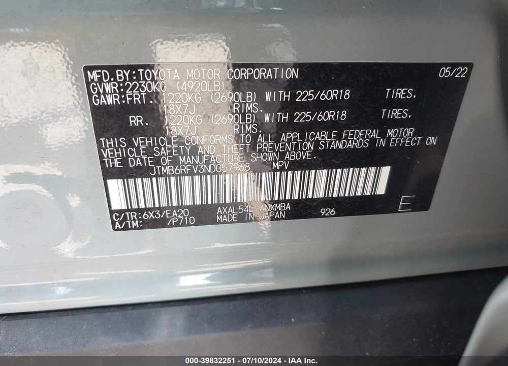 2022 TOYOTA RAV4 HYBRID XLE PREMIUM VIN: JTMB6RFV3ND057968