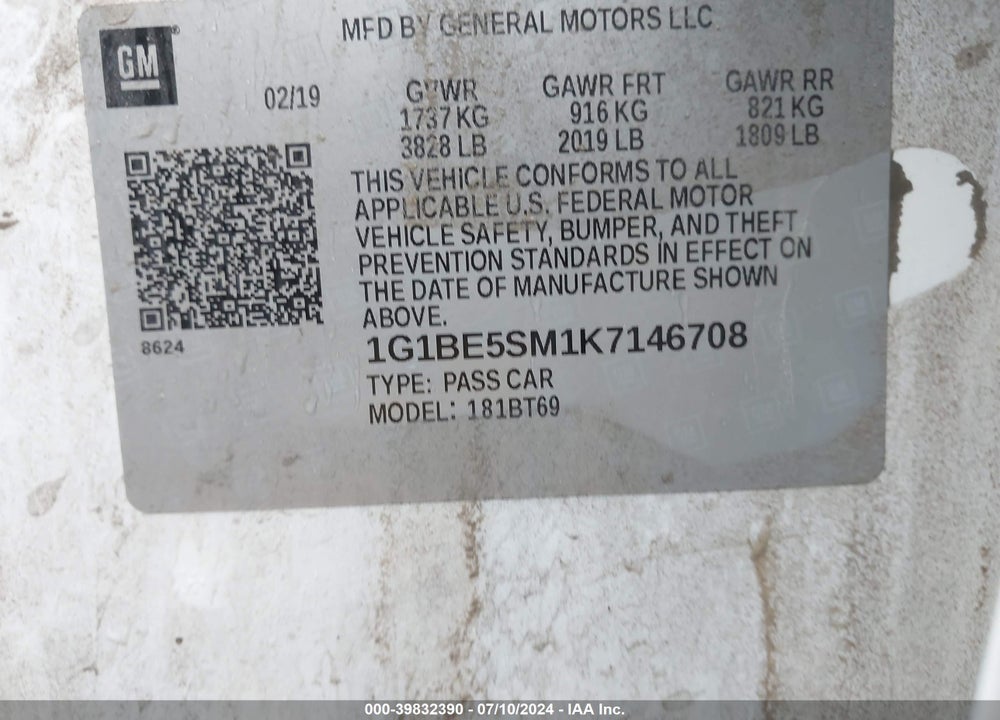 2019 CHEVROLET CRUZE LT VIN: 1G1BE5SM1K7146708