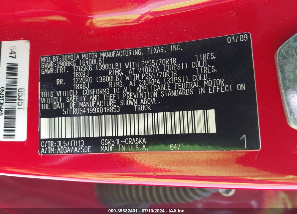 2009 TOYOTA TUNDRA GRADE V6 VIN: 5TFRU54199X018853