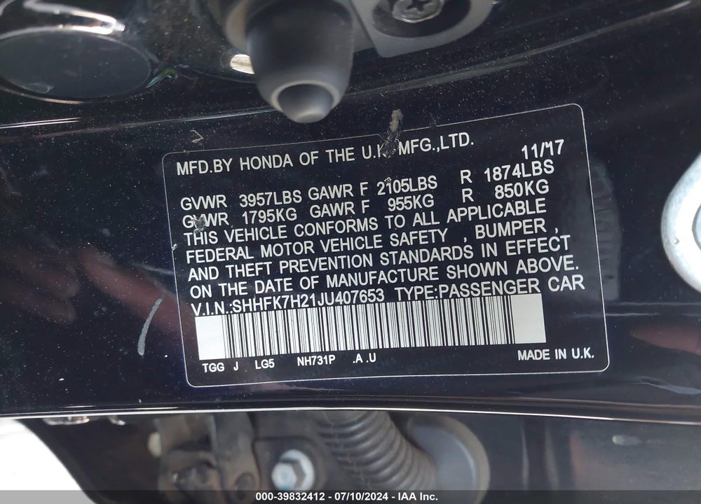 2018 HONDA CIVIC LX VIN: SHHFK7H21JU407653