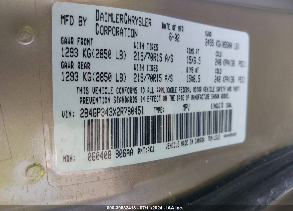 2002 DODGE GRAND CARAVAN EL VIN: 2B4GP343X2R780451