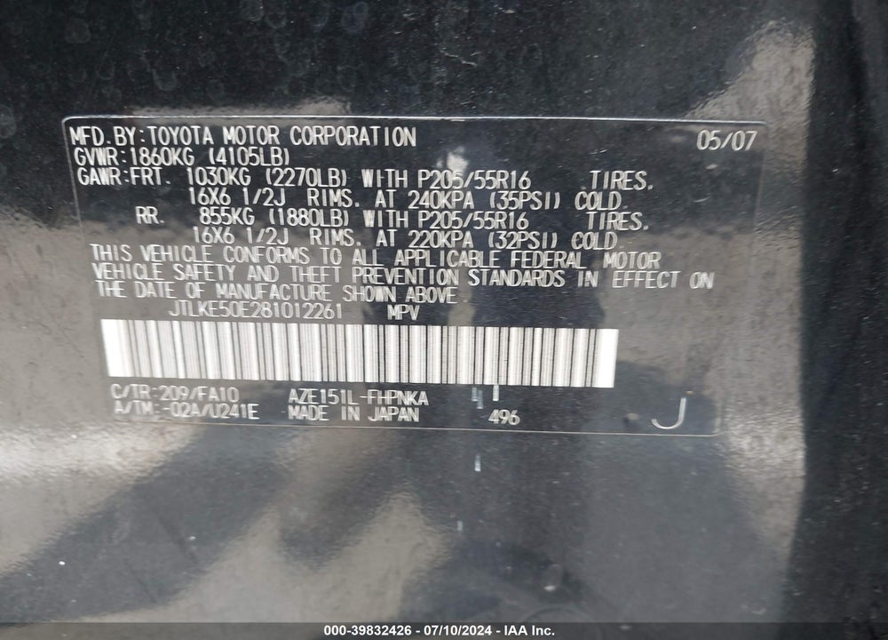 2008 SCION XB VIN: JTLKE50E281012261