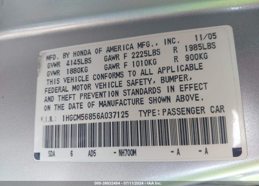 2006 HONDA ACCORD 2.4 EX VIN: 1HGCM56856A037125