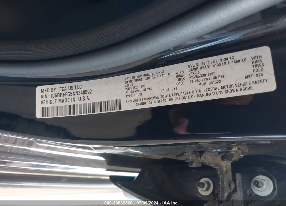 2022 RAM 1500 BIG HORN 4X4 5'7 BOX VIN: 1C6RRFFG5NN348592