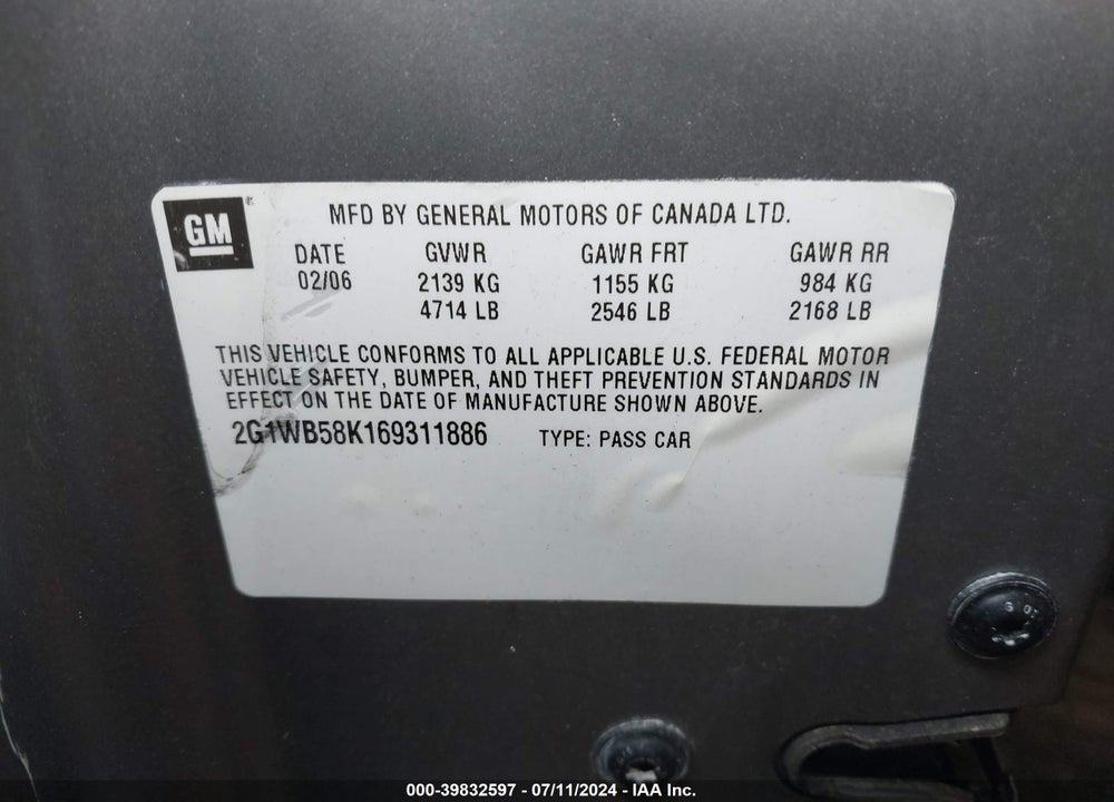 2006 CHEVROLET IMPALA LS VIN: 2G1WB58K169311886