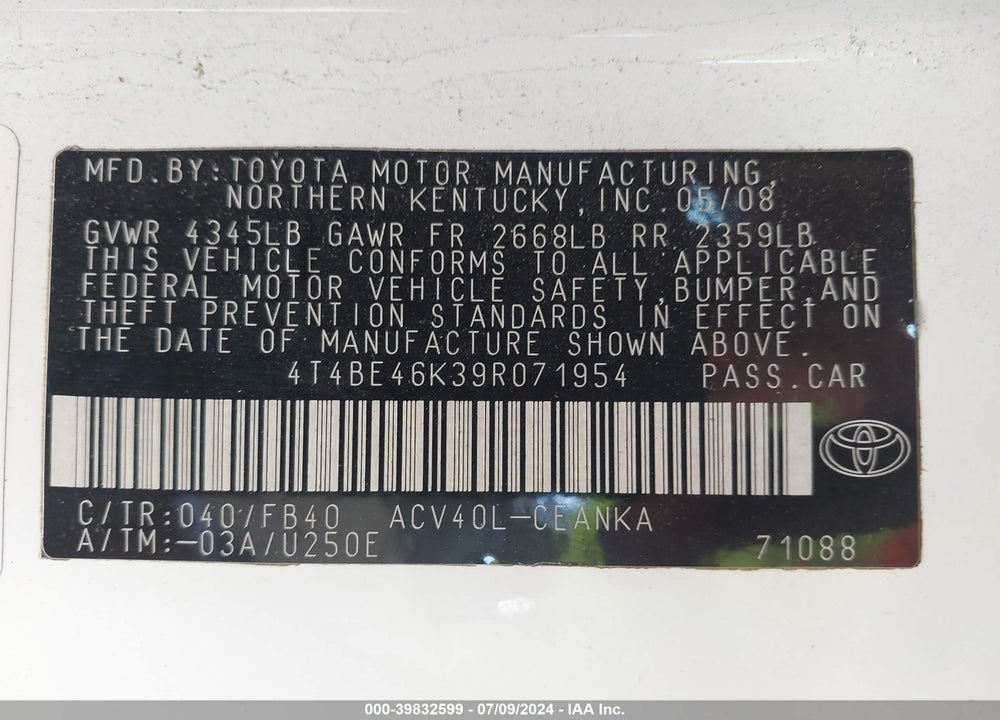 2009 TOYOTA CAMRY LE VIN: 4T4BE46K39R071954