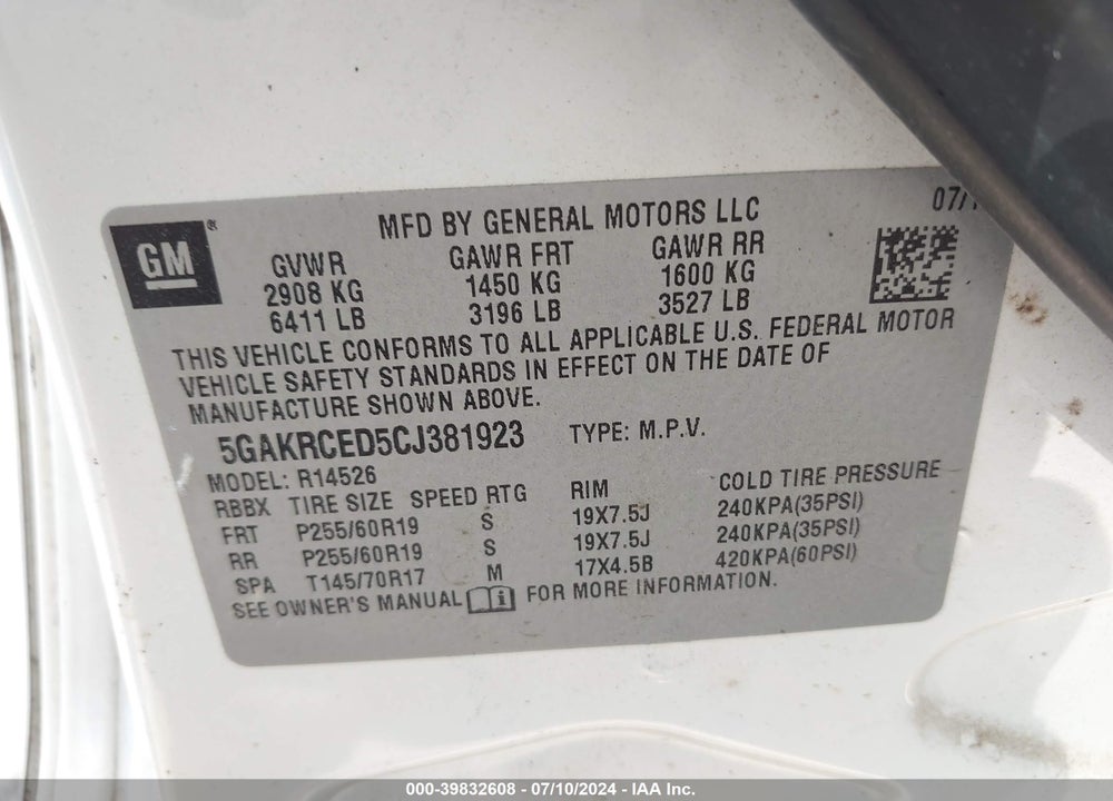 2012 BUICK ENCLAVE LEATHER VIN: 5GAKRCED5CJ381923