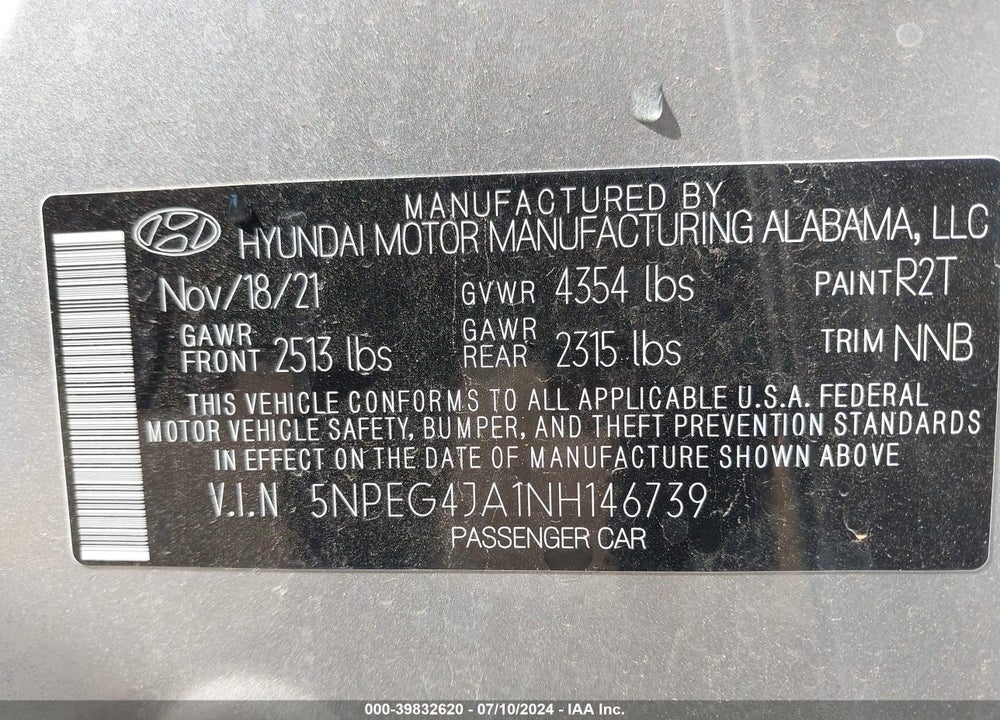 2022 HYUNDAI SONATA SE VIN: 5NPEG4JA1NH146739