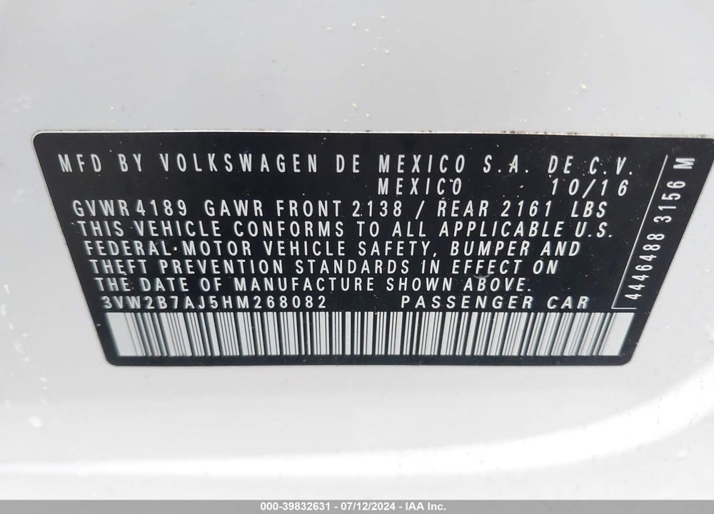 2017 VOLKSWAGEN JETTA VIN: 3VW2B7AJ5HM268082