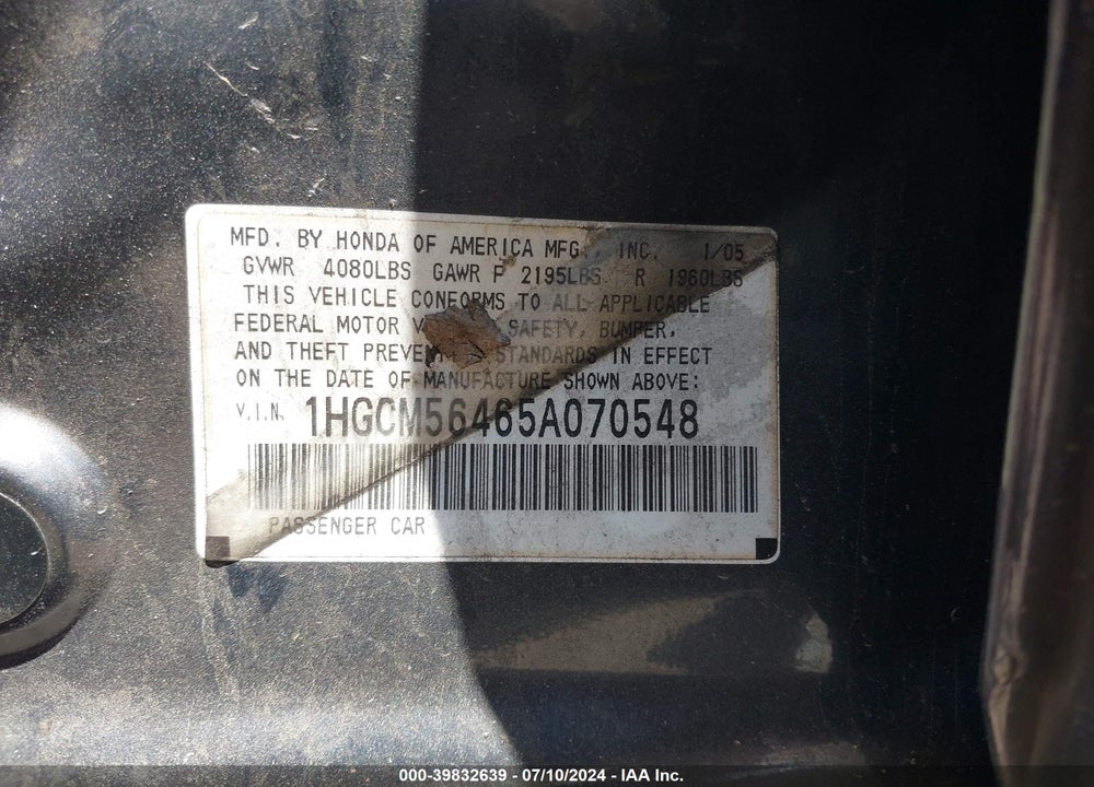 2005 HONDA ACCORD 2.4 LX VIN: 1HGCM56465A070548