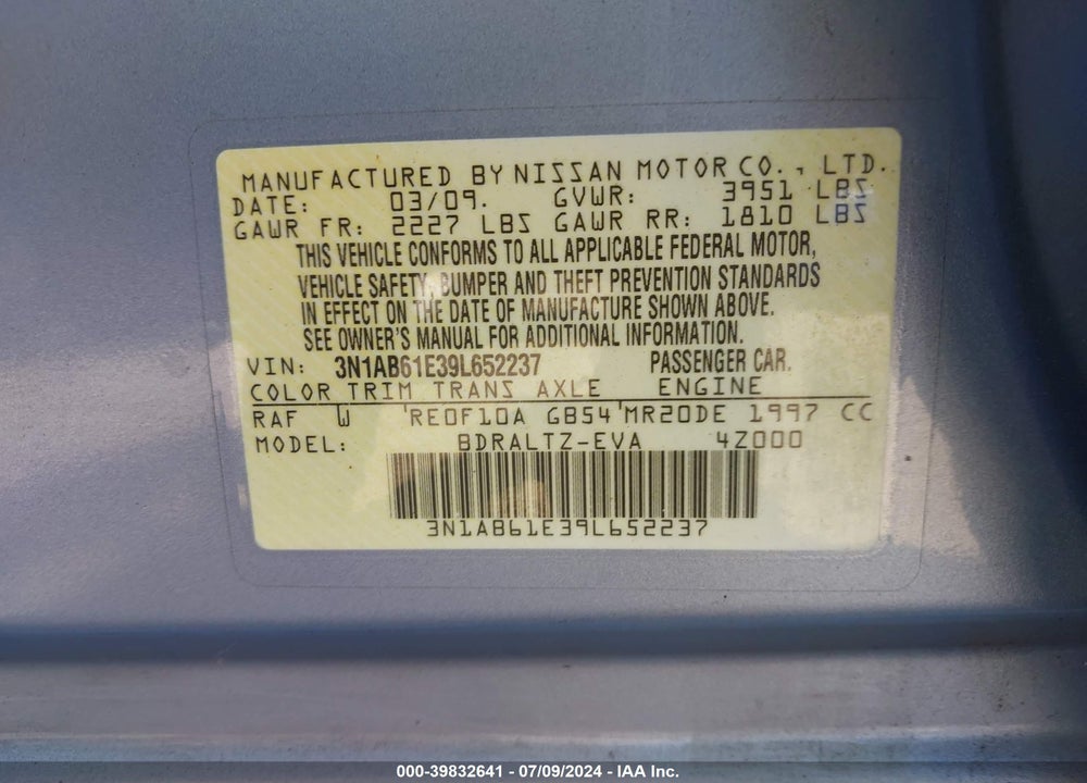 2009 NISSAN SENTRA 2.0S VIN: 3N1AB61E39L652237