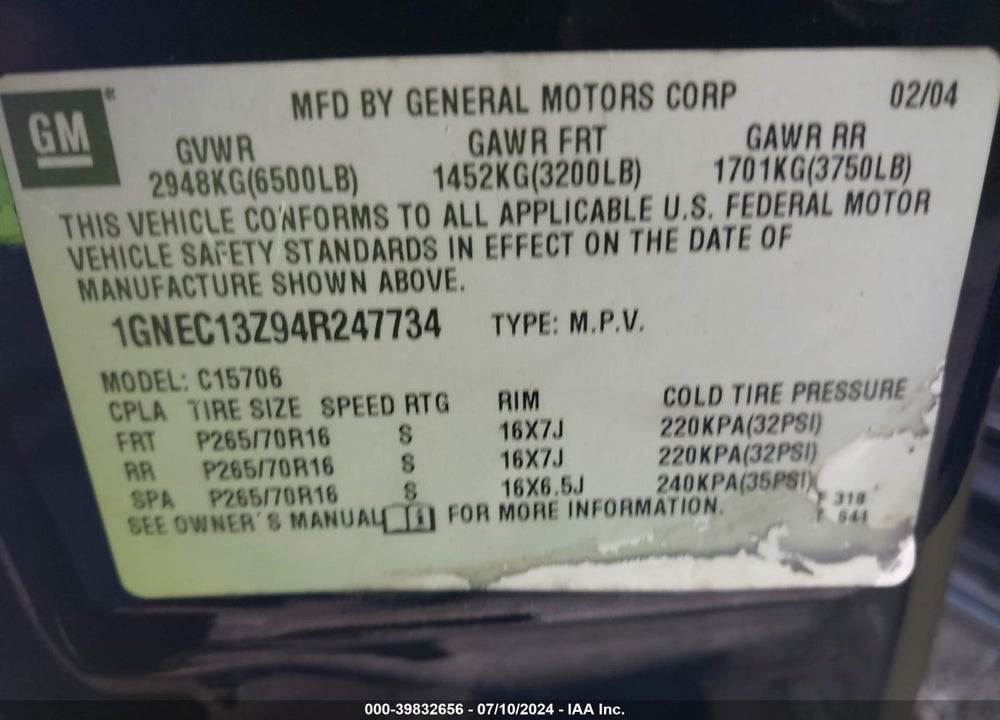 2004 CHEVROLET TAHOE LS VIN: 1GNEC13Z94R247734