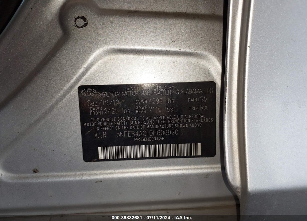 2013 HYUNDAI SONATA GLS VIN: 5NPEB4AC1DH606920
