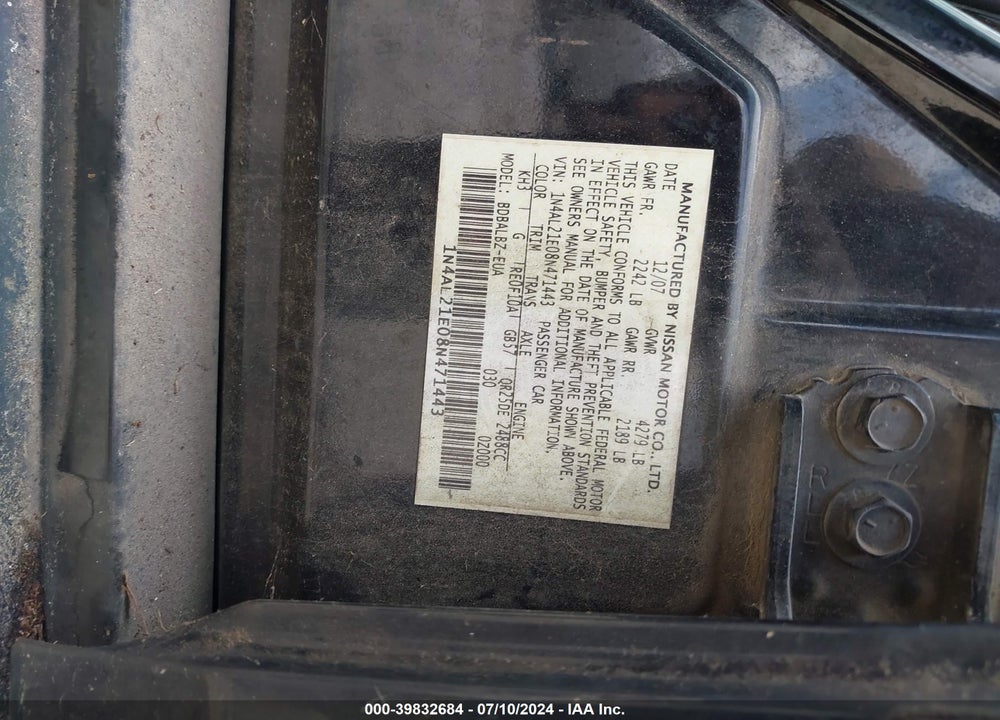 2008 NISSAN ALTIMA 2.5 S VIN: 1N4AL21E08N471443