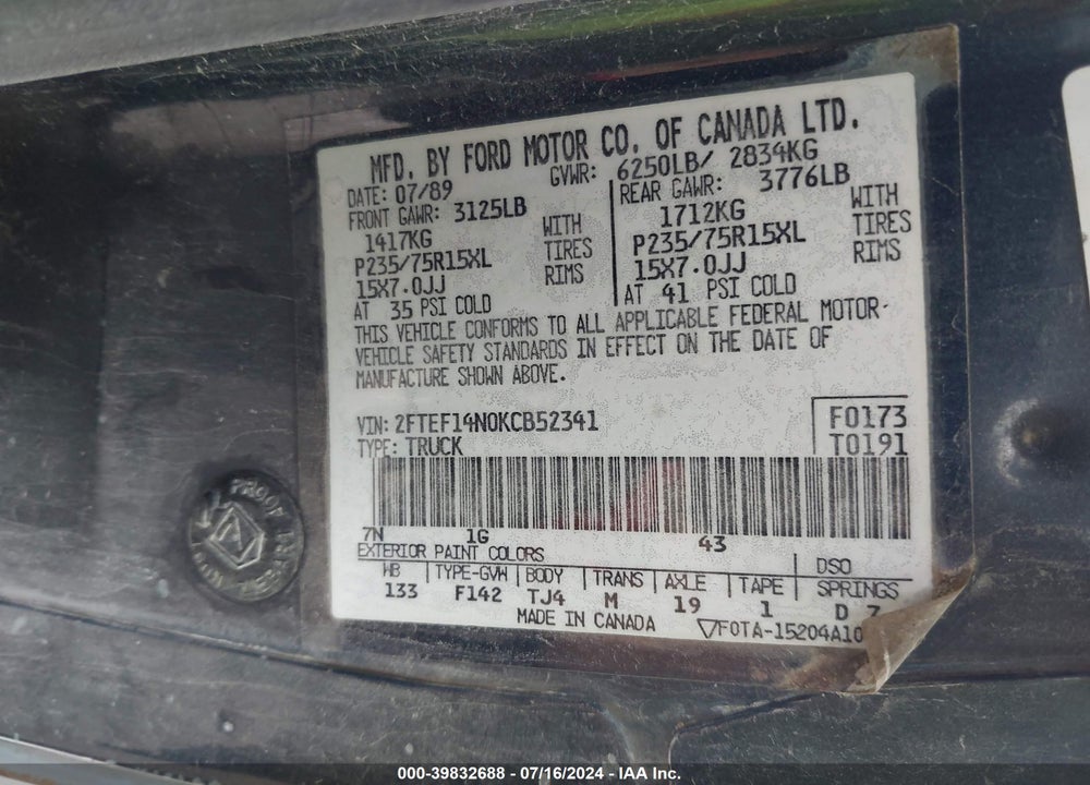 1989 FORD F150 VIN: 2FTEF14N0KCB52341