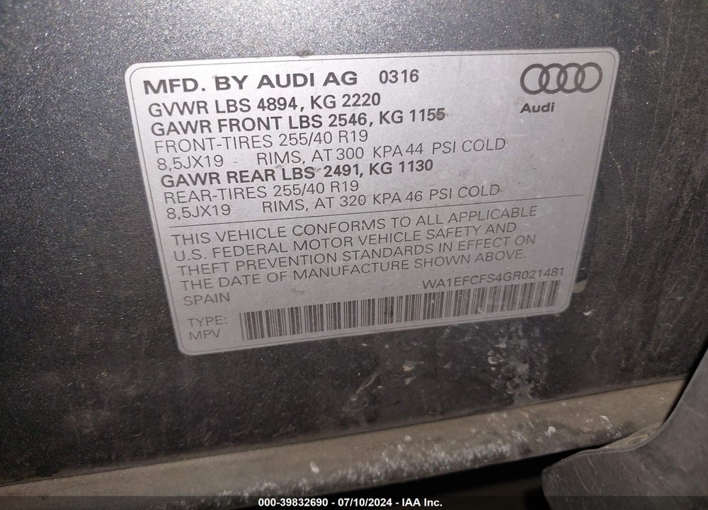 2016 AUDI Q3 2.0T PREMIUM PLUS VIN: WA1EFCFS4GR021481