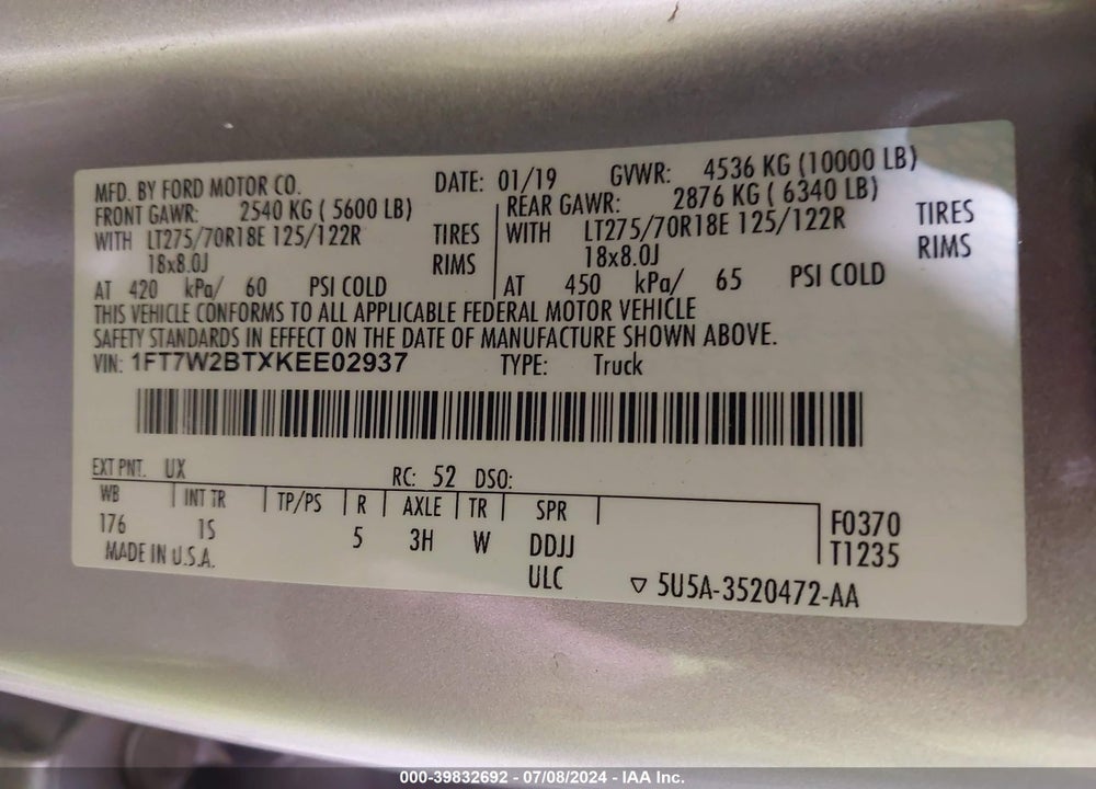 2019 FORD F-250 XL VIN: 1FT7W2BTXKEE02937