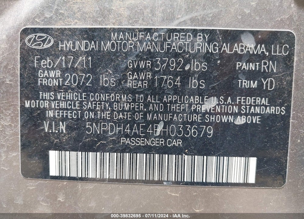 2011 HYUNDAI ELANTRA GLS VIN: 5NPDH4AE4BH033679