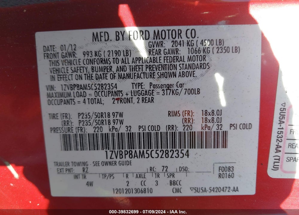 2012 FORD MUSTANG V6 PREMIUM VIN: 1ZVBP8AM5C5282354