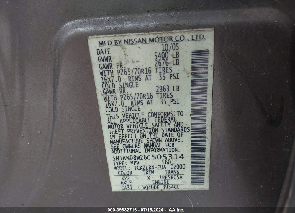 2006 NISSAN XTERRA S VIN: 5N1AN08W26C505314