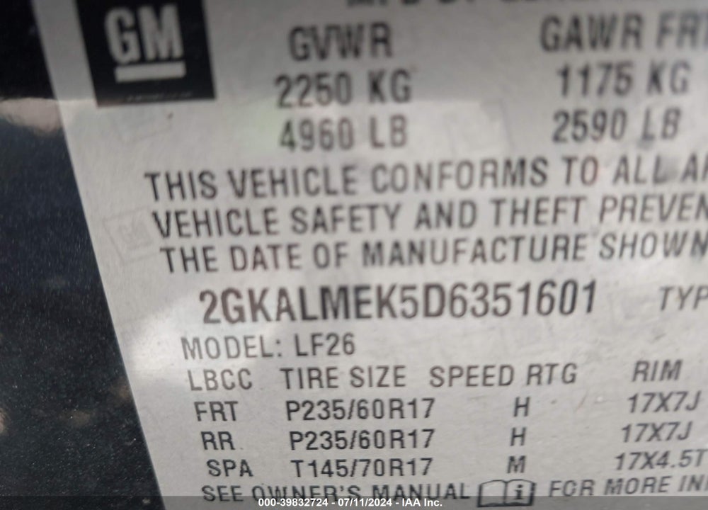 2013 GMC TERRAIN SLE-1 VIN: 2GKALMEK5D6351601