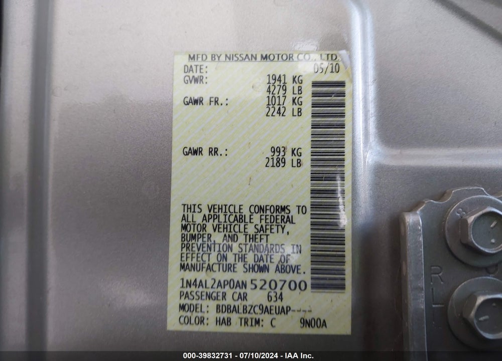 2010 NISSAN ALTIMA VIN: 1N4AL2AP0AN520700