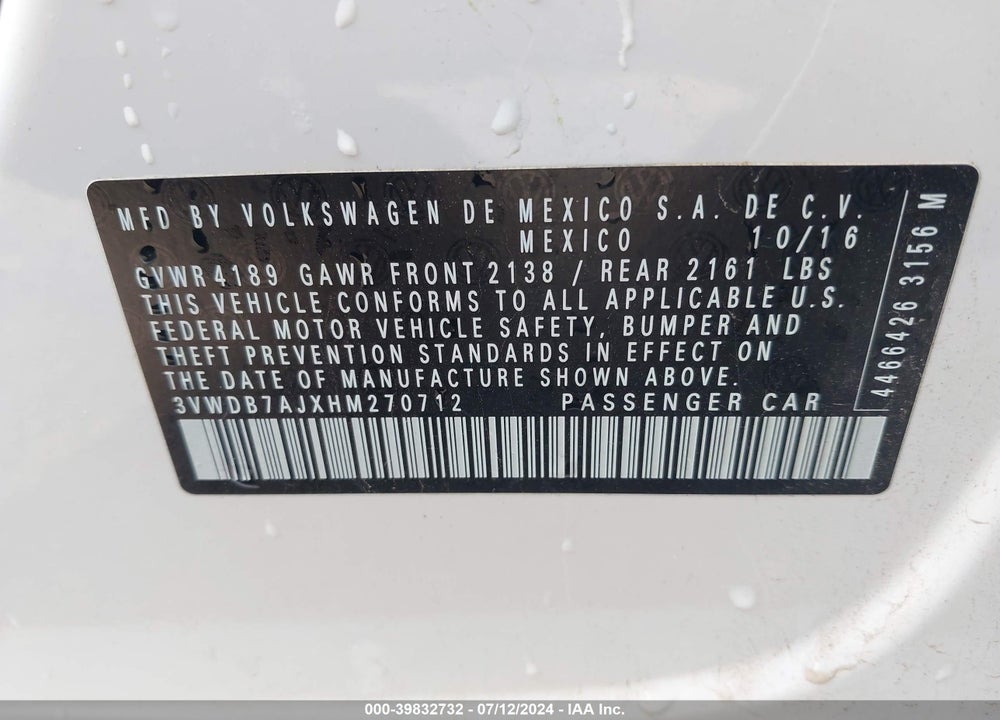 2017 VOLKSWAGEN JETTA 1.4T SE VIN: 3VWDB7AJXHM270712