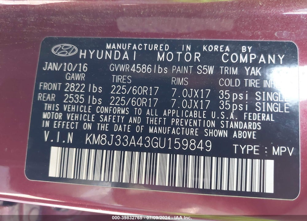 2016 HYUNDAI TUCSON SE VIN: KM8J33A43GU159849