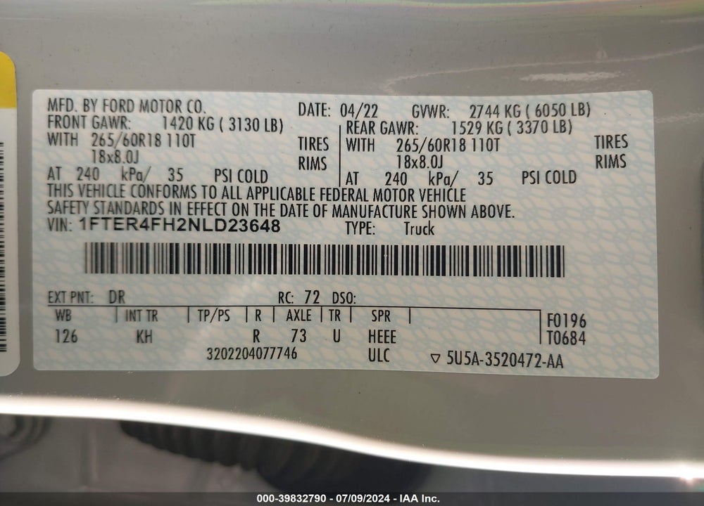 2022 FORD RANGER LARIAT VIN: 1FTER4FH2NLD23648