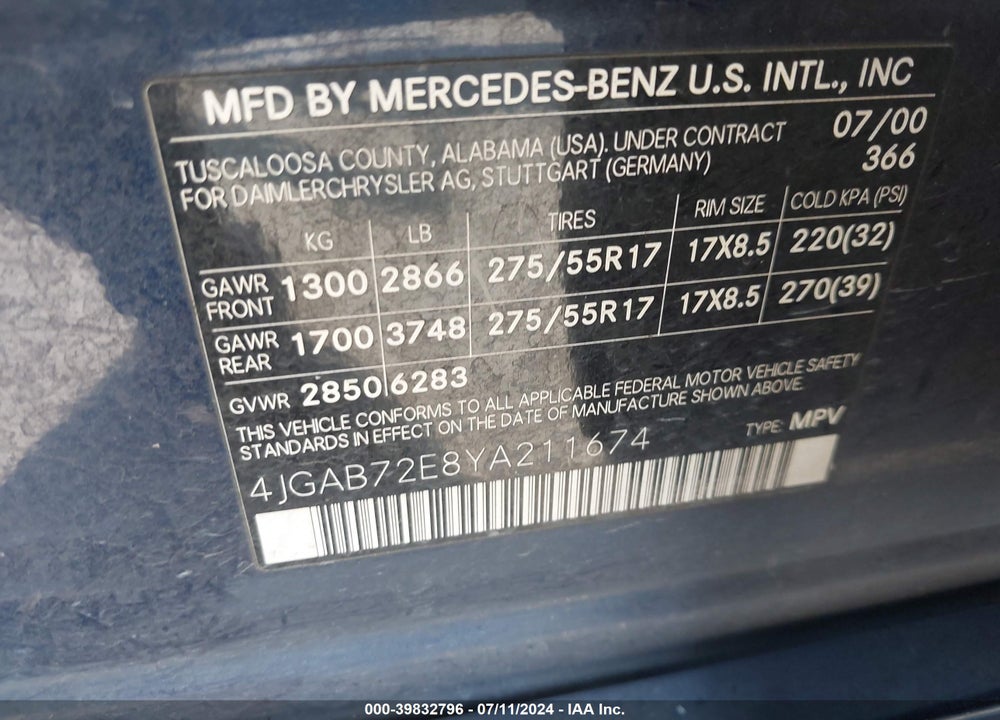 2000 MERCEDES-BENZ ML 430 VIN: 4JGAB72E8YA211674